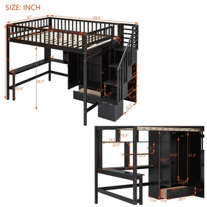 Loft Bed With Bookshelf, Drawers, Desk, And Wardrobe