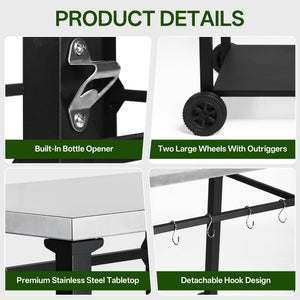 2-Tier Outdoor Grill Cart with Stainless Steel Top, Large Wheels & Tool Hooks
