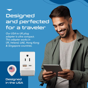 UK, England Travel Adapter | Type G - USB-A & USB-C Ports + 2 USA Outlet (AP-7) - TRAPSKI