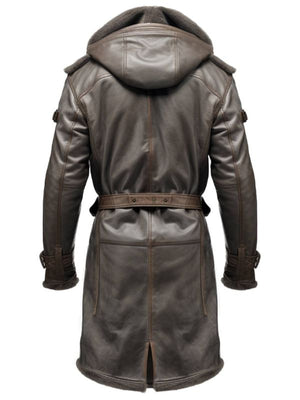 Men’s Dark Brown Leather Hooded Coat