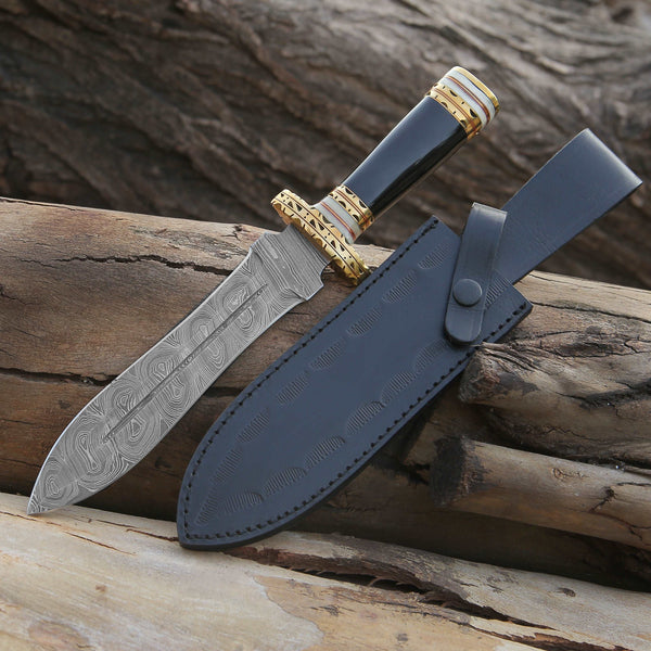 Fear Damascus Fixed Blade Hunting Knife with Bull Horn & Brass Handle