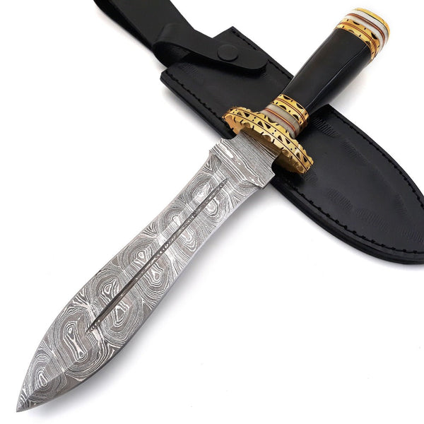 Fear Damascus Fixed Blade Hunting Knife with Bull Horn & Brass Handle