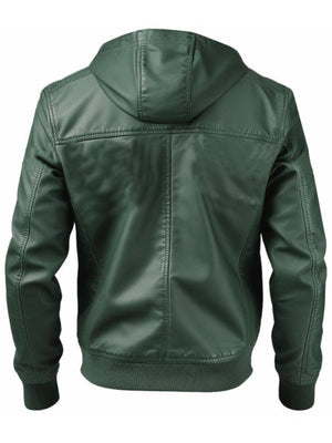 Men’s Faux Leather Jacket with Hood – Green