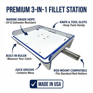 Premium Rod Mount 18" or 33" Raised Fillet Table – 3-in-1 Bait & Fish Station | Fits Rod Holders, Buckets & Flat Surfaces | Marine-Grade HDPE | Ruler, Juice Groove, Knife & Tool Slots - TRAPSKI