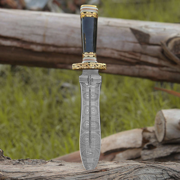 Fear Damascus Fixed Blade Hunting Knife with Bull Horn & Brass Handle