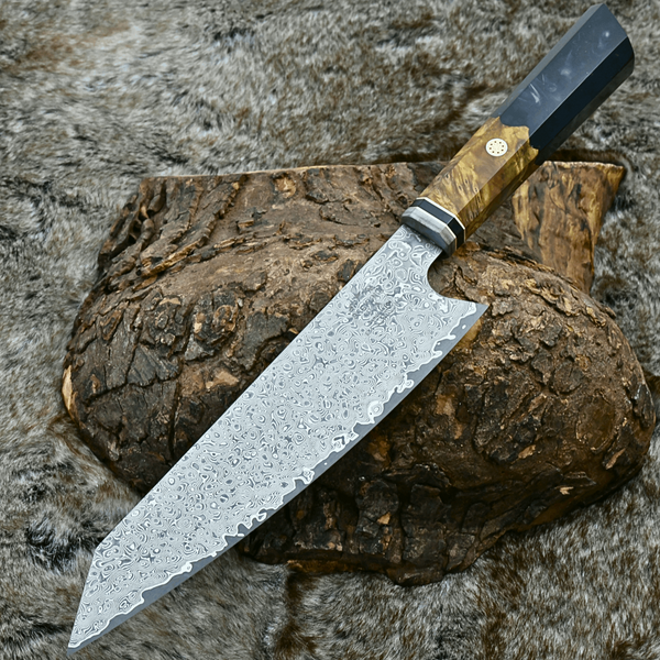 Aurora Japanese VG10 Damascus Knife with Olive Wood Burl & Black Pearl Resin Handle