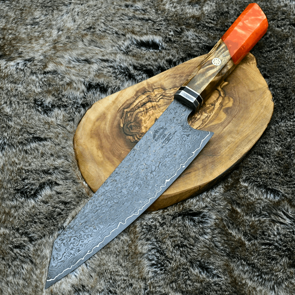 Aurora Japanese VG10 Damascus Chef Knife with Exotic Olive Wood Burl & Orange Pearl Resin Handle