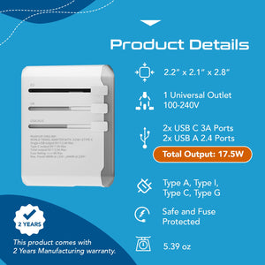 All-In-One International Travel Adapter - 5 in 1 - 2 USB-A & 2 USB-C - Max. 17.5W (3.5A) - White (UP-15KU-WH) - TRAPSKI
