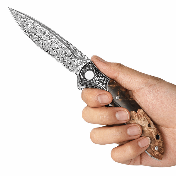 Demeter VG10 Damascus Pocket Knife with Exotic Olive Burl & Resin Handle