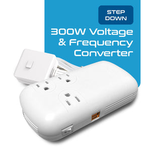 300W Step Down Converter – 3x USA Outlets & 1 USB-A + 1 USB-C PD 18W – AC 220-240V 50Hz to 110-120V 60Hz Travel Voltage & Frequency Converter - (PU-300-WS) - TRAPSKI