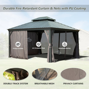 10' x 12' Hardtop Gazebo Outdoor Metal Gazebo with Galvanized Steel Double Roof Canopy, Aluminum Frame, Curtains and