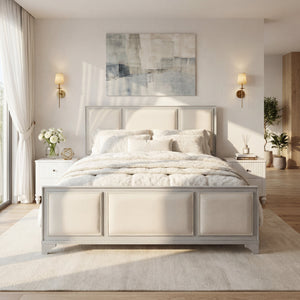 Queen Size Wooden Bed Frame with Upholstered Headboard