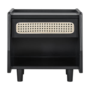 Black Nightstand with Rattan Detail