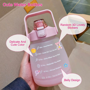 Kawaii Water Bottle with Straw 37.2oz Large Capacity Portable Sports Bottle with Cute Three-Dimensional Stickers