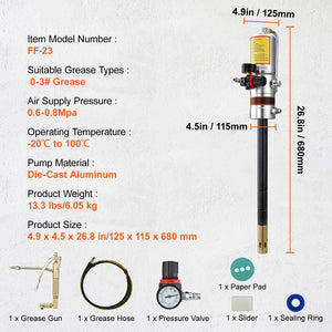 VEVOR Air Operated Grease Pump with 13 ft Hose and 360° Swivel Gun