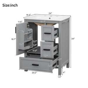 Bathroom Vanity With Sink, Soft Close Door, Double Layer Door Shelf And 3 Drawers - Gray