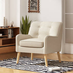 Mid-Century Modern Armchair - Tufted Fabric Accent Chair with Solid Wood Legs