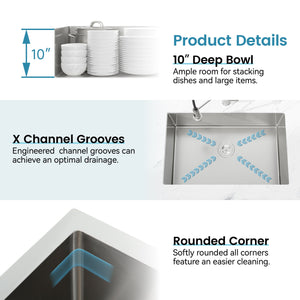 Stainless Steel Kitchen Sink, 30″x19″ Drop In Single Bowl, Undermount Handmade Sink in Brushed Nickel