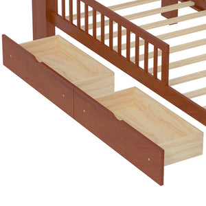 Bed With Headboard Storage Rack, 2 Under Bed Drawers, 3 Side Guardrails For Safety