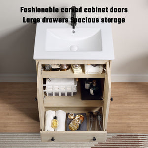 Bathroom Vanity Base, Cabinet With Carved Floral Doors - Natural Wood