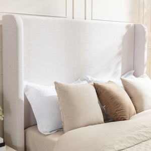Hayden King Size Upholstered Wingback Bed with Textured Ivory Canvas and Tall 54' Headboard