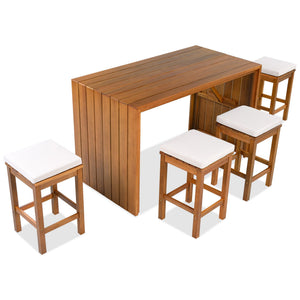 5 Piece Outdoor Bar Set with Acacia Wood Table & Cushioned Stools