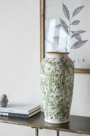 7.7x7.7x14.6' White Ceramic Flower Vase with Green Floral Pattern