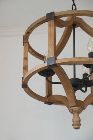 3 Light Wood Drum Chandelier, Hanging Light Fixture With Adjustable Chain For Kitchen, Bulb Not Included - Brown