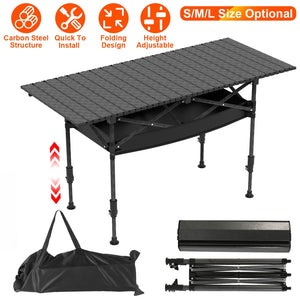 Portable Folding Camping Table With Adjustable Height Hanging Net Rustproof Carbon Steel Foldable Roll-Up Camping Table for Picnic Camping Hiking Beac
