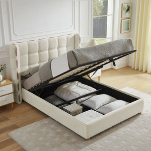 Queen Size Removable Chenille Wingback Upholstered Waffle Bed