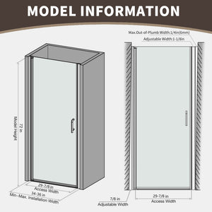 34 In. to 36 In. x 72 In. Semi-Frameless Pivot Shower Door
