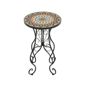 Round Ceramic Outdoor Side Table, Colorful + Black