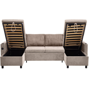 Sectional Sofa Bed With Pull Out Sleeper, USB Ports, Cup Holders