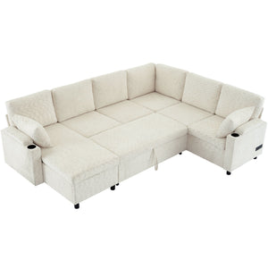 U-Shaped Sectional Sleeper Sofa With Ample Storage Space, 2 Cup Holders And Charging Ports For Living Room