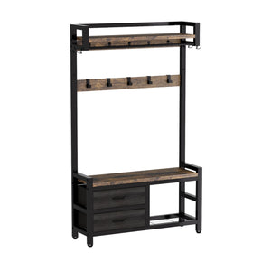 Hall Tree With 2 Movable Drawers, Shoe Storage, Shelves, Garment Racks, And 23 Hooks For Entryway - Rustic Brown