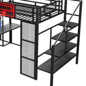 Loft Bed With Built In Desk, Open Wardrobe, Basketball Hoop, Slide And Staircase