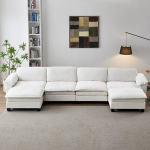 Living Room Furniture Sofa Luxury Couch Four Seater with Two Ottomans Soft Chenille Upholstered U Shape Sofa