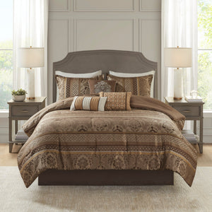7 Piece Jacquard Comforter Set - Brown/Gold King