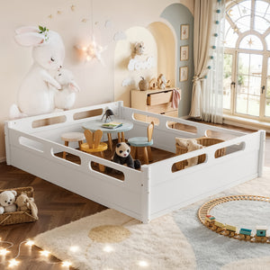 Queen Size Floor Platform Bed with Guardrails