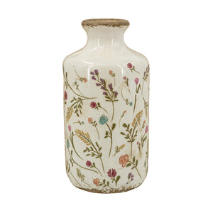 Ceramic Cylinder Vase with Multi-Colored Floral Motifs
