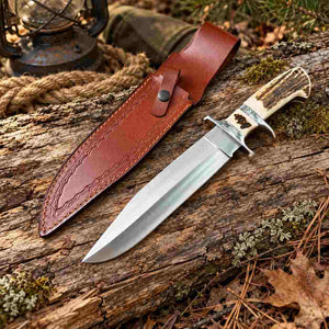 Handmade High-Grade Steel Hunting Knife with Stag Horn Handle and Leather Sheath