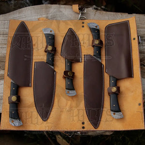 5 Piece Damascus Chef Knife Set - Damascus Steel Chef Knife Set with Leather Roll