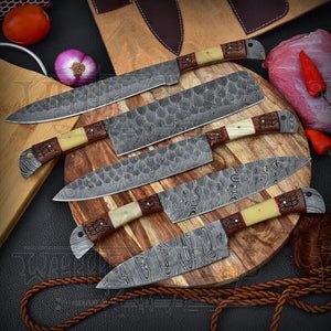 5 Pieces Custom Handmade Damascus Steel Chef Set - 5 Piece Kitchen Knives Set