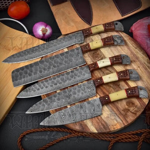 5 Pieces Custom Handmade Damascus Steel Chef Set - 5 Piece Kitchen Knives Set