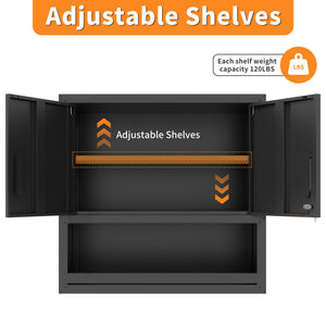 Wall-Mounted Storage Cabinet With Locking Door, 1 Shelf And Open Drawer - Black