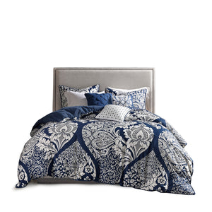 7 Piece Cotton Printed Comforter Set - Indigo - Cal King