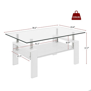 Modern Rectangular Coffee Table With Tempered Transparent Glass Top And Storage Shelf