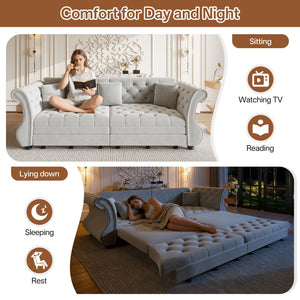 Oversized Chesterfield Pull Out Sofa Bed, Roll Arm Couch With Flower Tufting For Living Room
