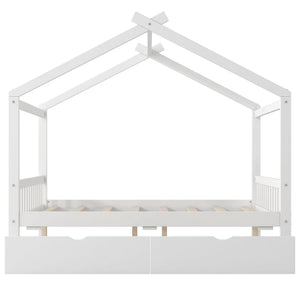 House Style Platform Bed With Headboard, Footboard, 2 Drawers, And Roof Design