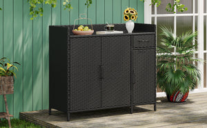K&K 47.5"W Wicker Outdoor Storage Cabinet with Tempered Glass Top
